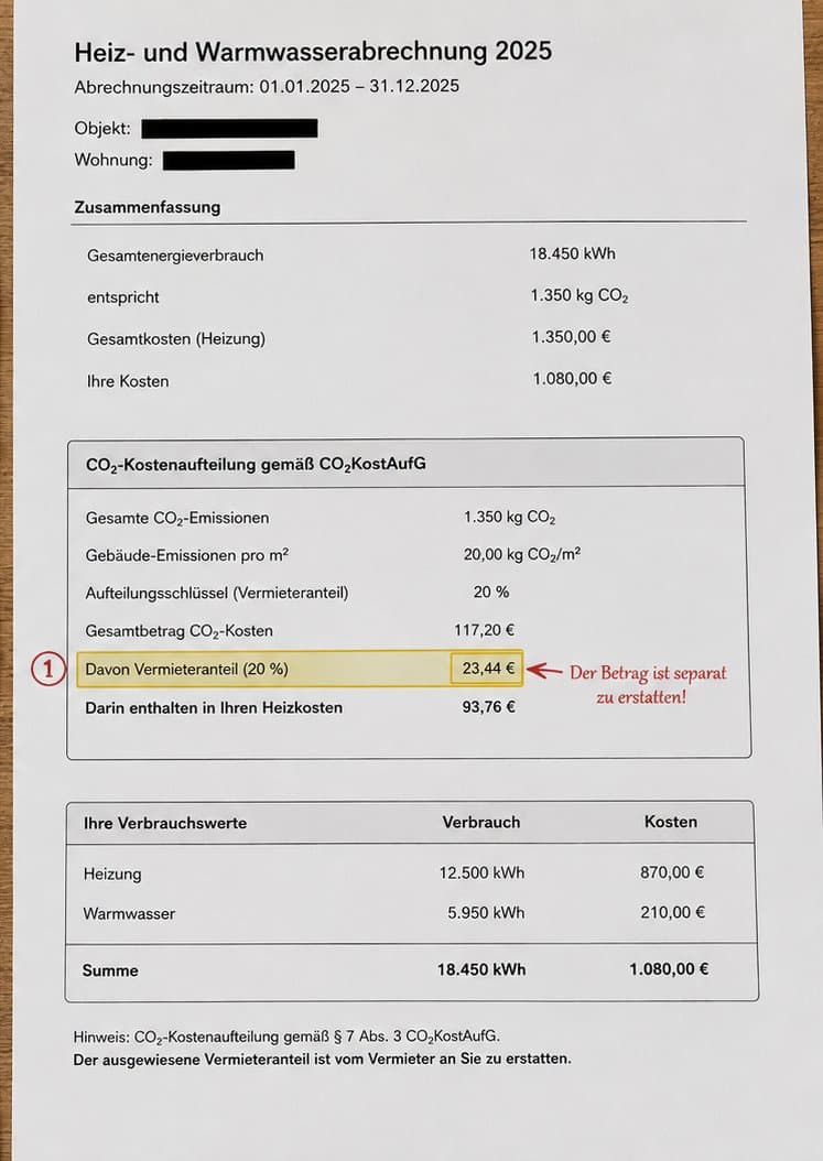Heiz- und Warmwasserabrechnung 2025: Die CO₂-Kostenaufteilung weist 1.350 Kilogramm CO₂ und 23,44 Euro Vermieteranteil aus, daneben der Hinweis, dass der Betrag separat zu erstatten ist