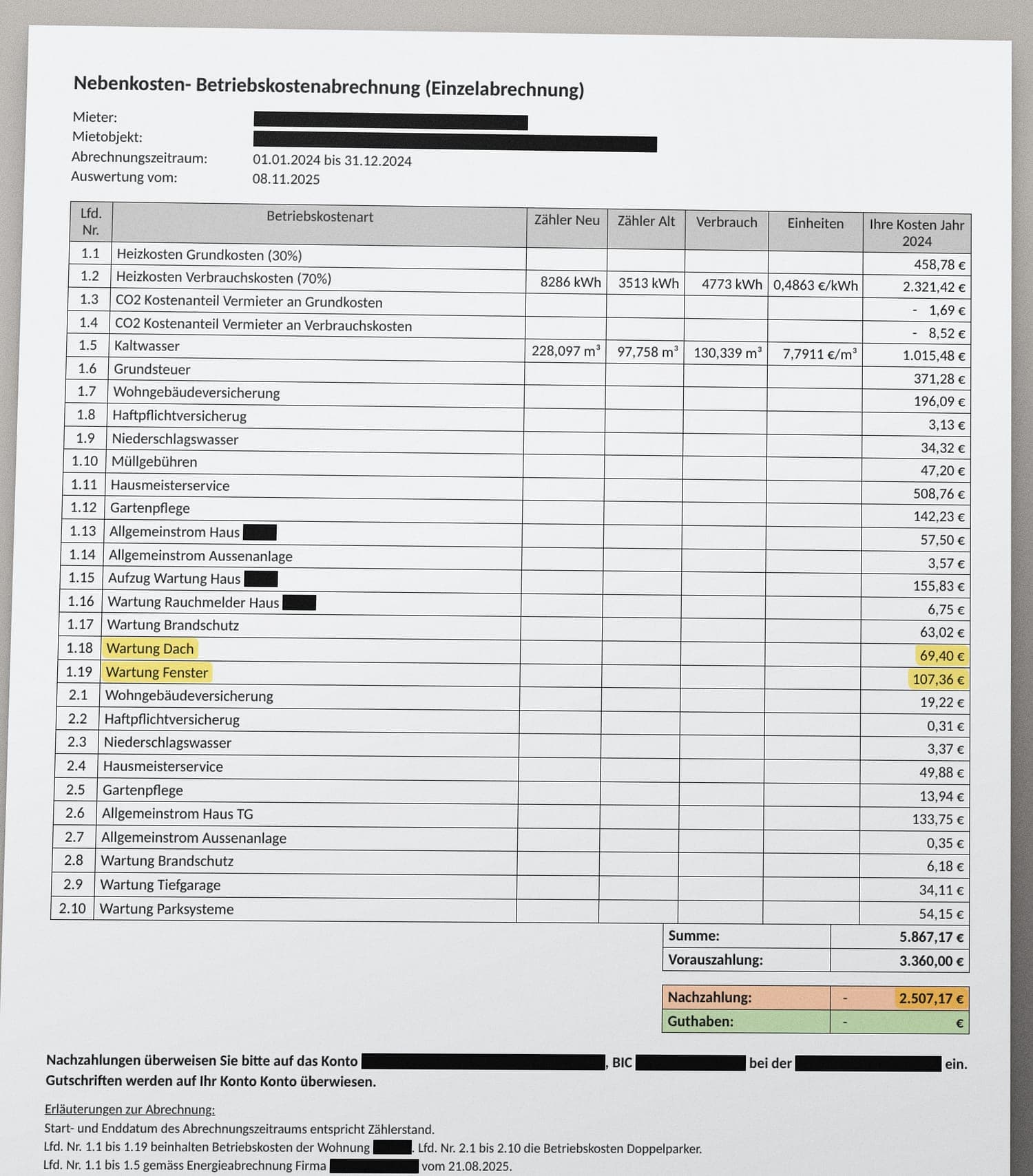 Einzelabrechnung der Nebenkosten für 2024, erstellt vom Vermieter als Tabelle, Auswertung vom 08.11.2025. 29 Positionen mit dem Anteil der Wohnung, darunter Heizkosten 458,78 € und 2.321,42 €, Kaltwasser 1.015,48 €, Grundsteuer 371,28 €, Hausmeisterservice 508,76 € sowie unter 1.18 Wartung Dach 69,40 € und unter 1.19 Wartung Fenster 107,36 €. Summe 5.867,17 €, Vorauszahlung 3.360,00 €, Nachzahlung 2.507,17 €.