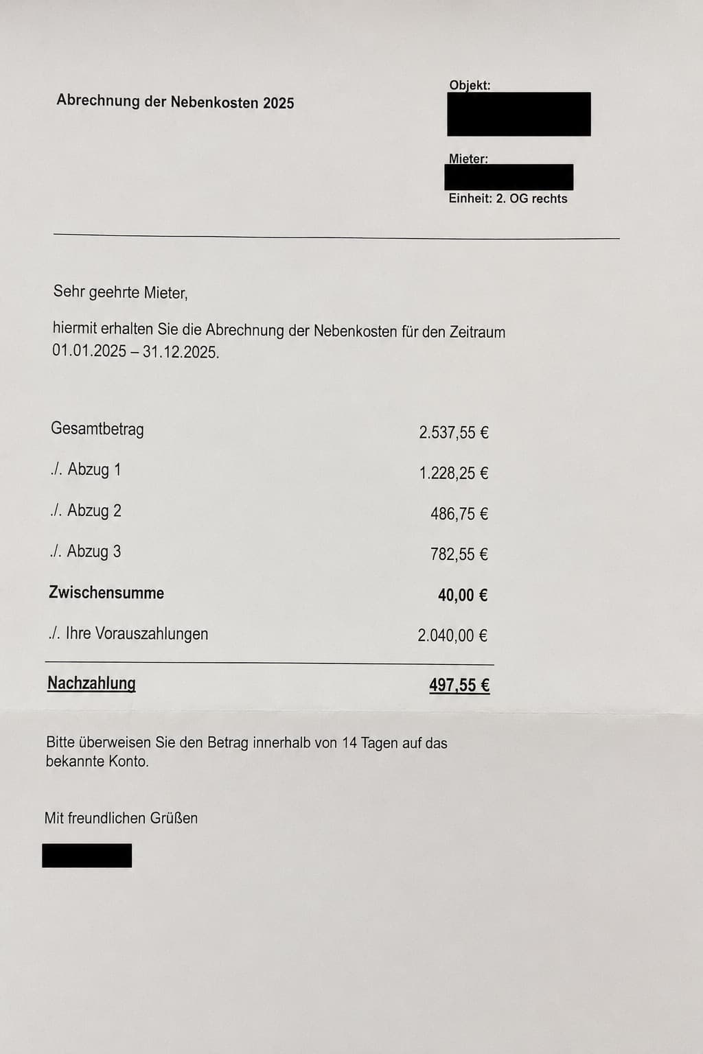 Abfotografierte Nebenkostenabrechnung 2025: ein Gesamtbetrag von 2.537,55 Euro, drei Abzüge, die Vorauszahlungen und eine Nachzahlung von 497,55 Euro — ohne Kostenarten, ohne Verteilerschlüssel, ohne Rechenweg