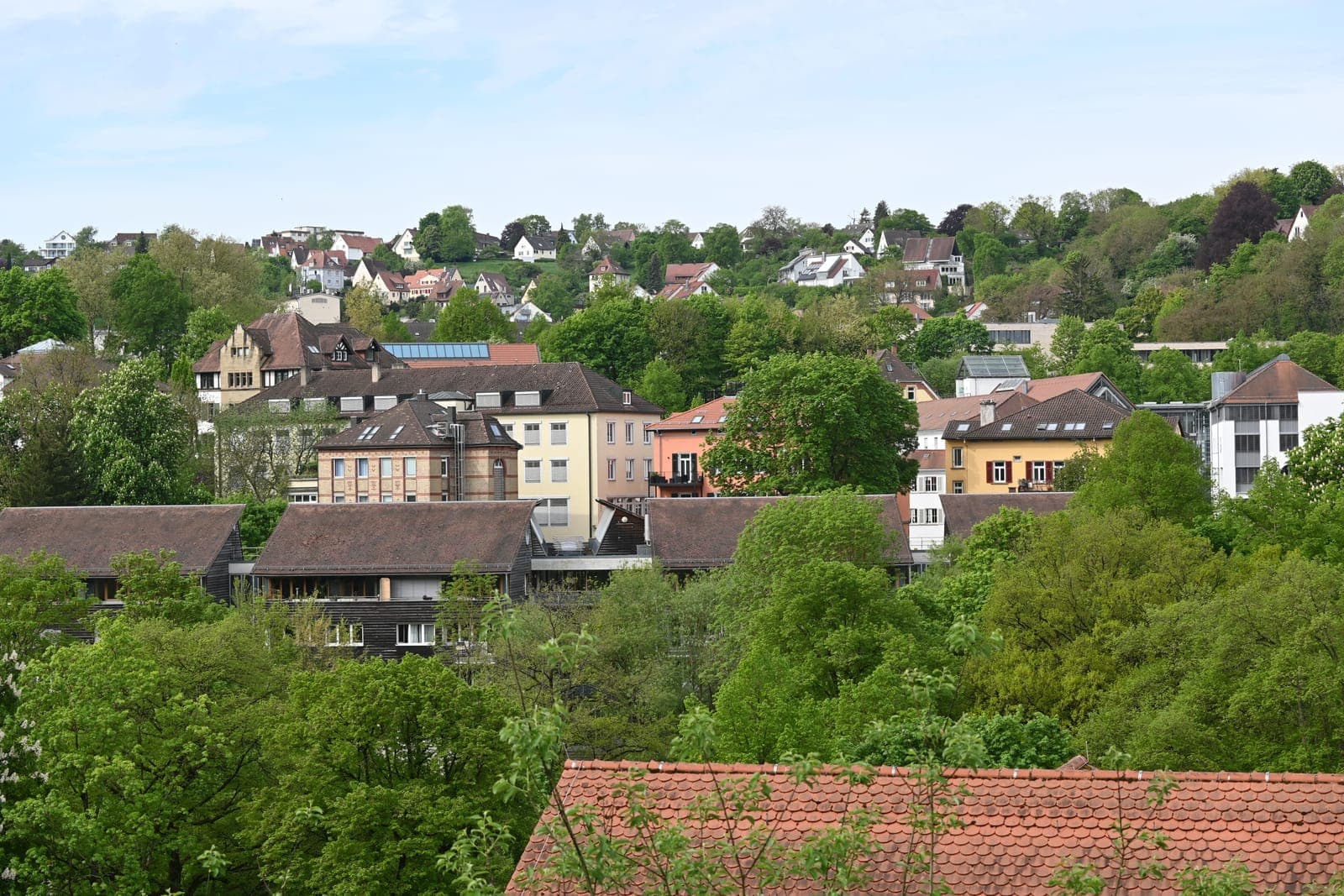 Wohnhäuser einer Stadt am Hang zwischen Bäumen