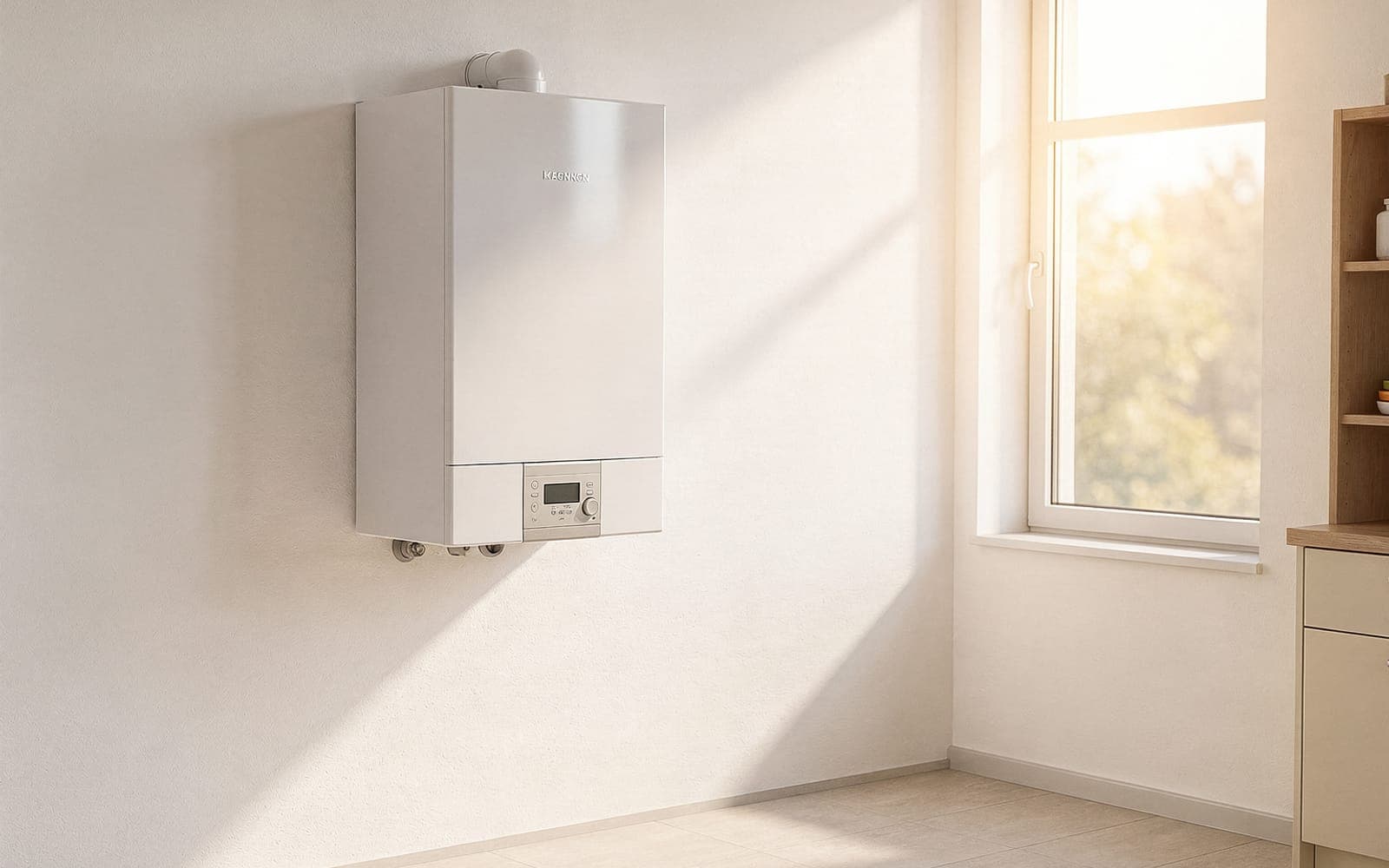 Moderne Gasheizung an einer hellen Wand