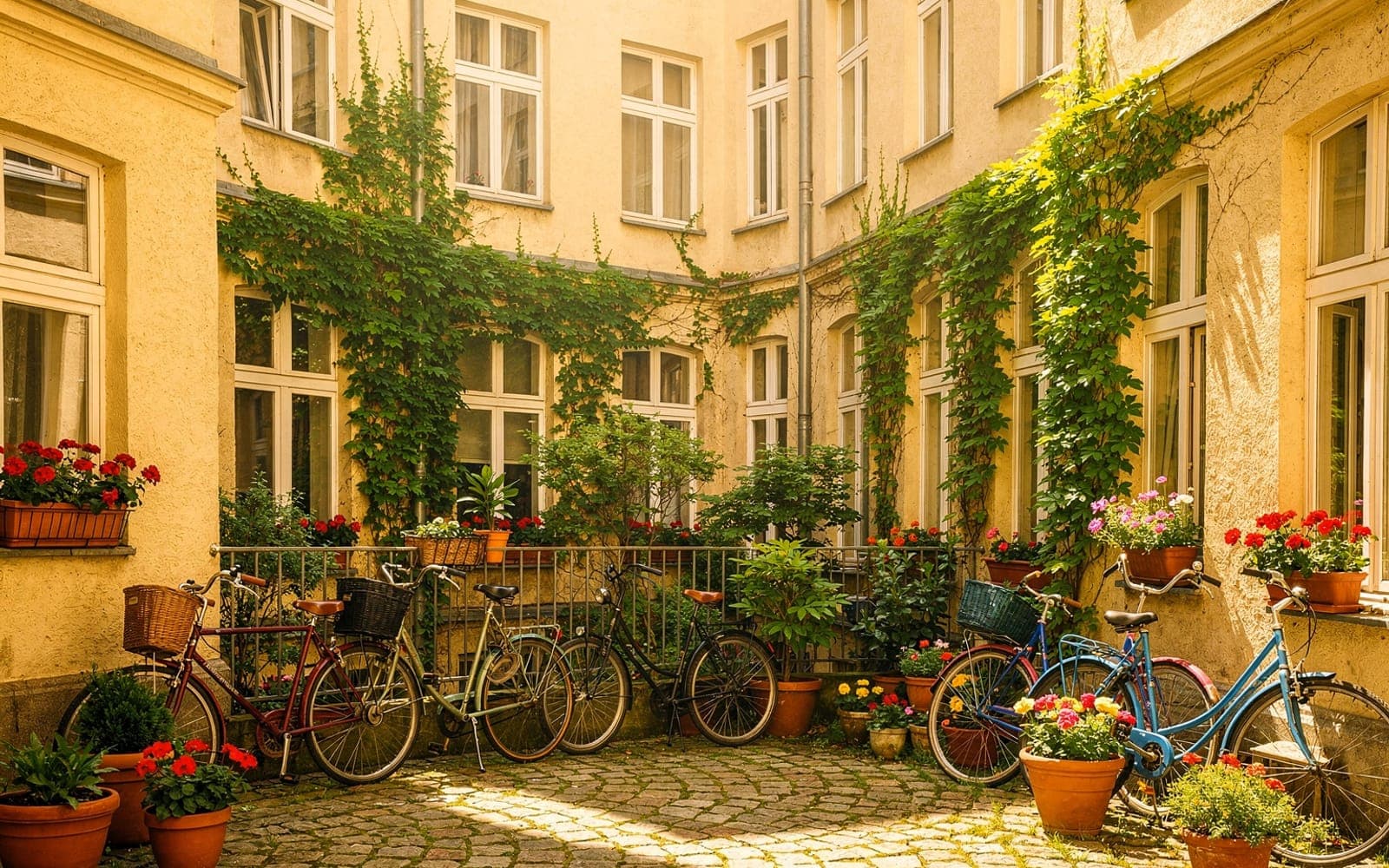 Sonniger Berliner Hinterhof mit Fahrrädern