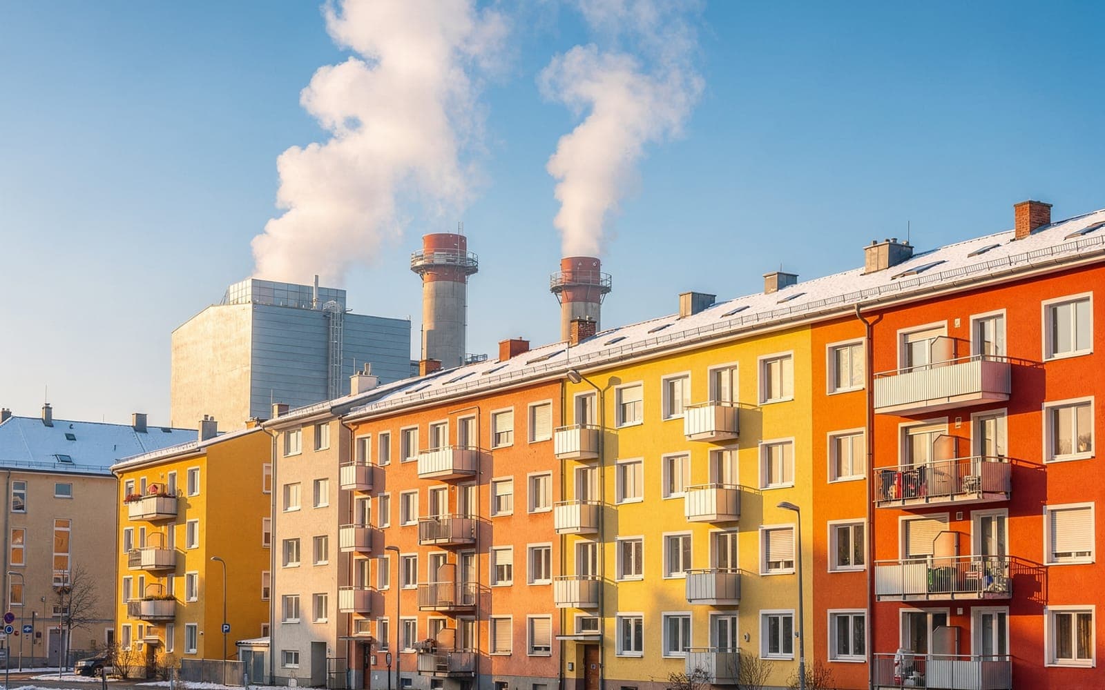 Heizkraftwerk mit Dampf vor blauem Winterhimmel