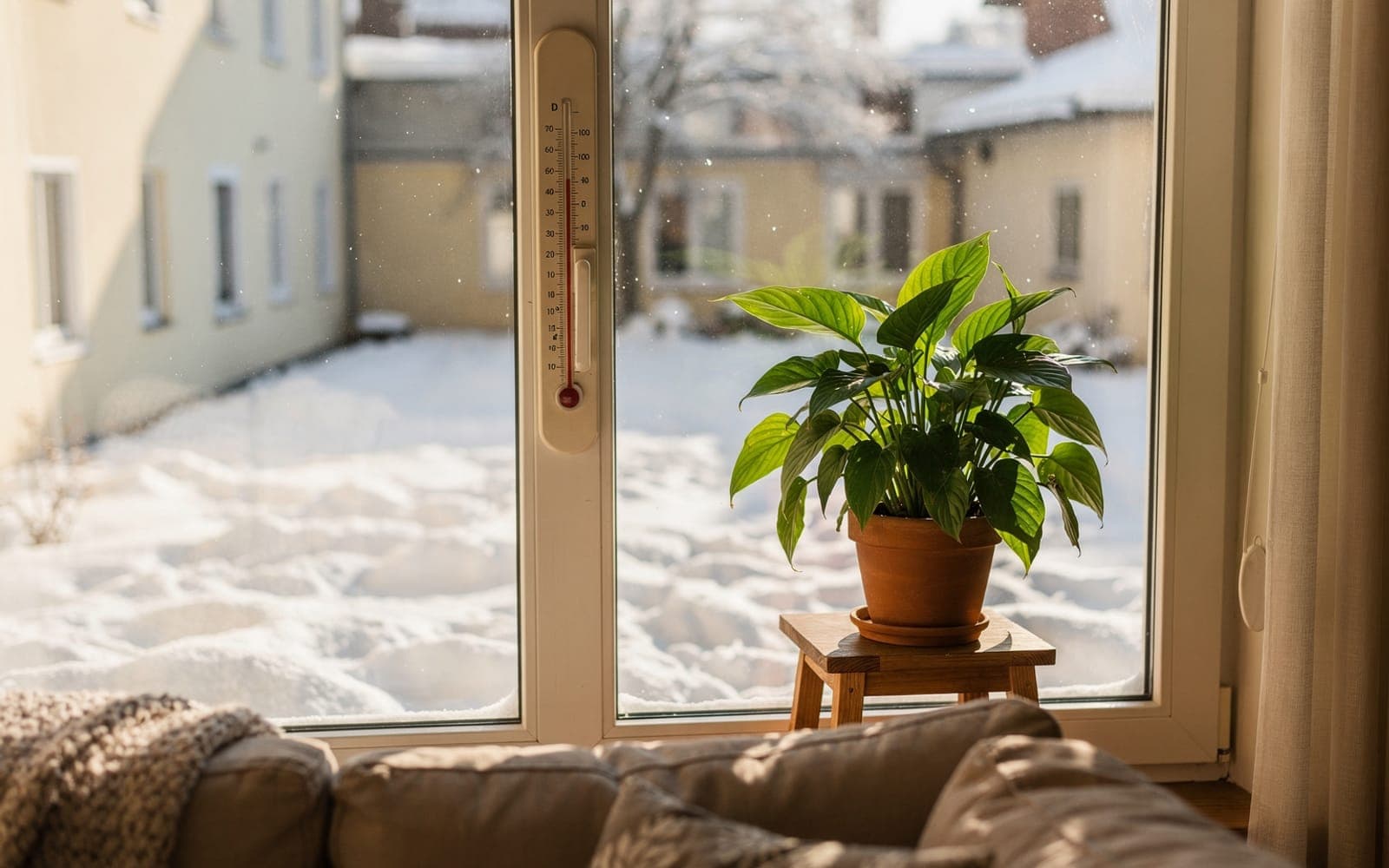 Blick aus dem Fenster auf einen verschneiten, sonnigen Hof