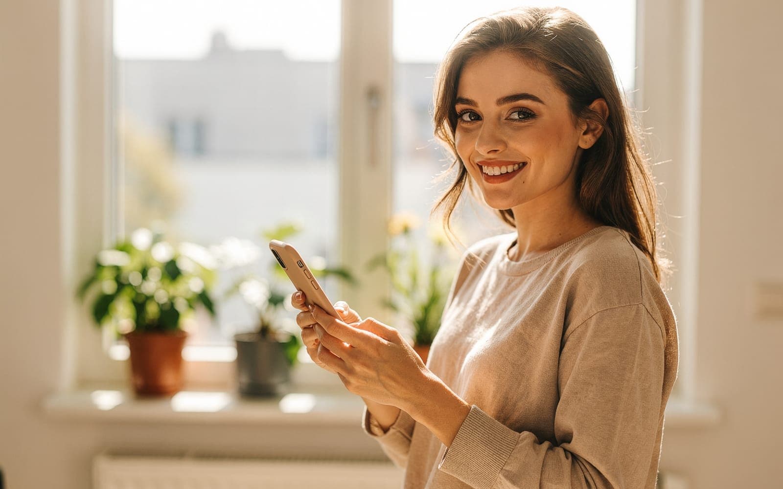 Lächelnde Frau mit Smartphone am sonnigen Fenster