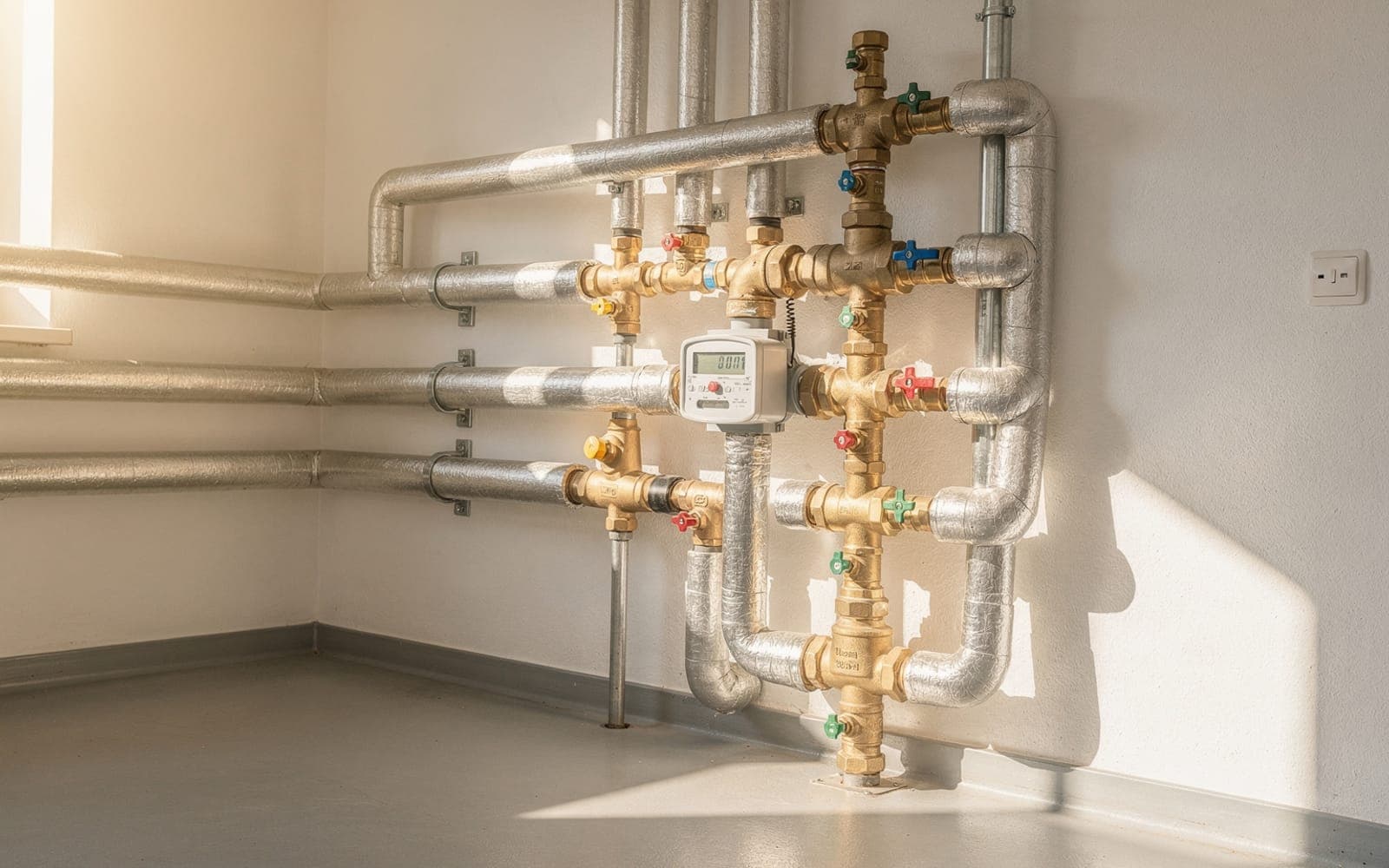 Heller Heizungsraum mit Wärmezähler