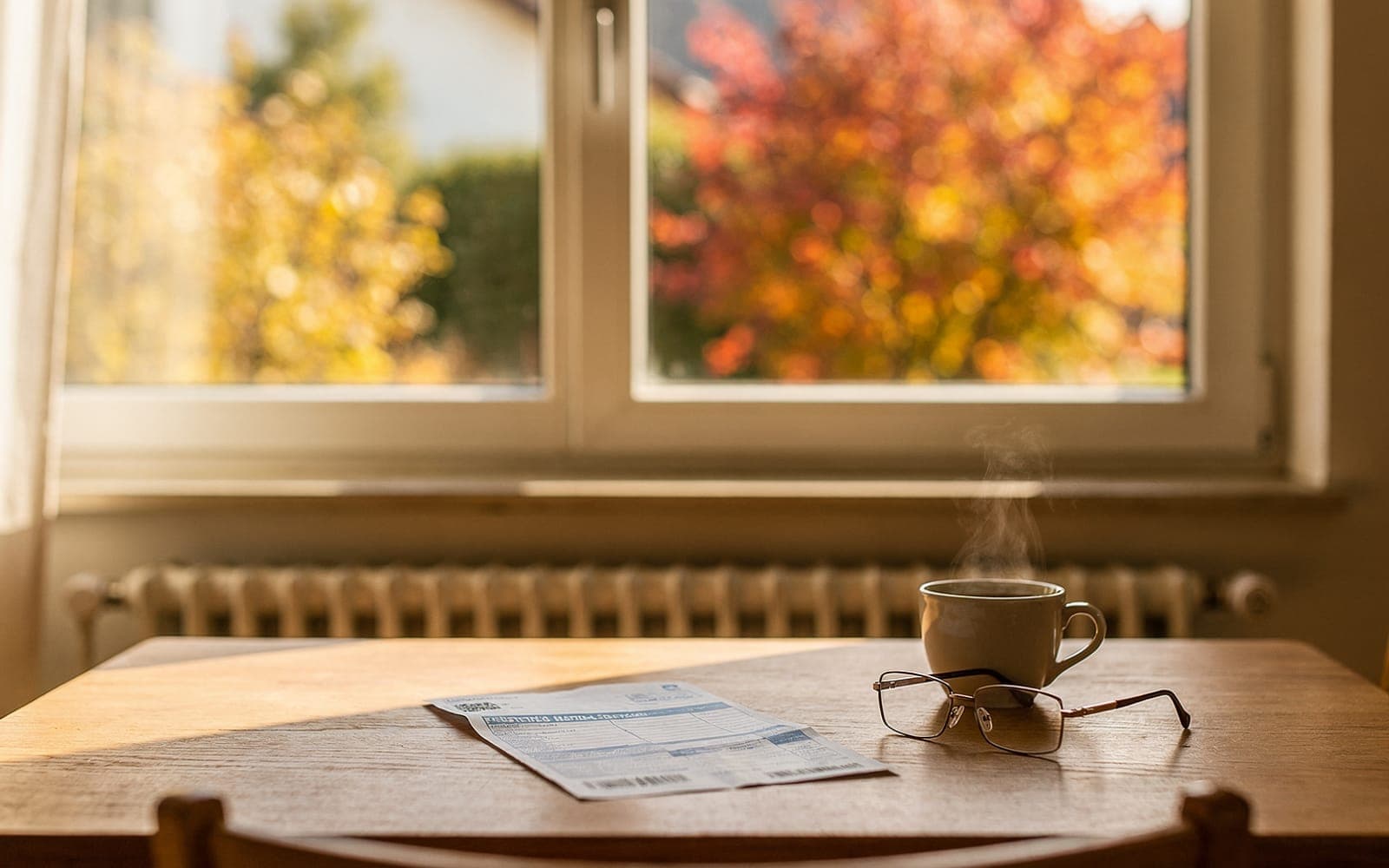 Heizkostenabrechnung, Kaffee und Brille auf einem sonnigen Esstisch