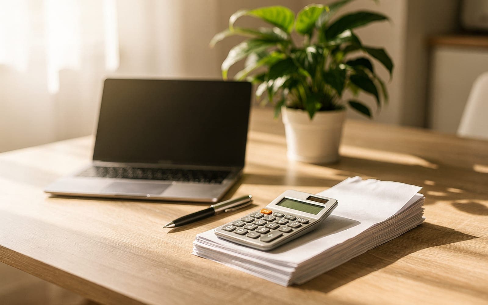 Laptop, Taschenrechner und Belege auf einem hellen Schreibtisch