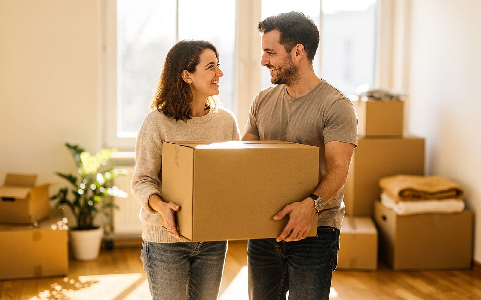 Glückliches Paar trägt Umzugskartons in eine helle Wohnung
