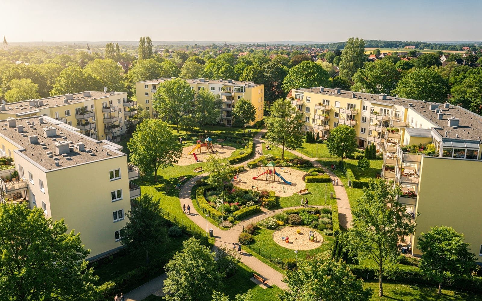 Luftbild einer grünen Wohnsiedlung bei Sonne
