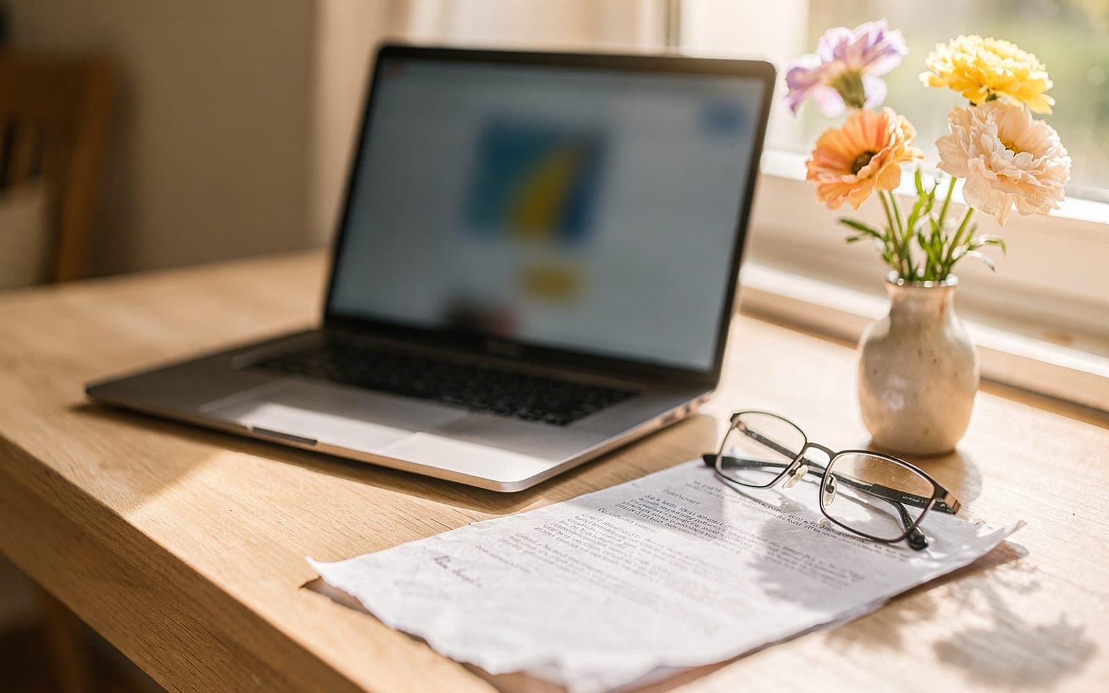 Laptop mit Brief und Blumen auf einem hellen Schreibtisch