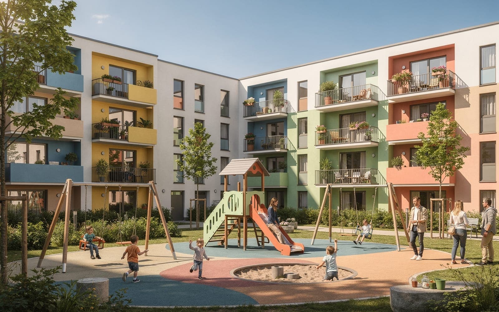 Wohnanlage mit bunten Balkonen und Spielplatz bei Sonne
