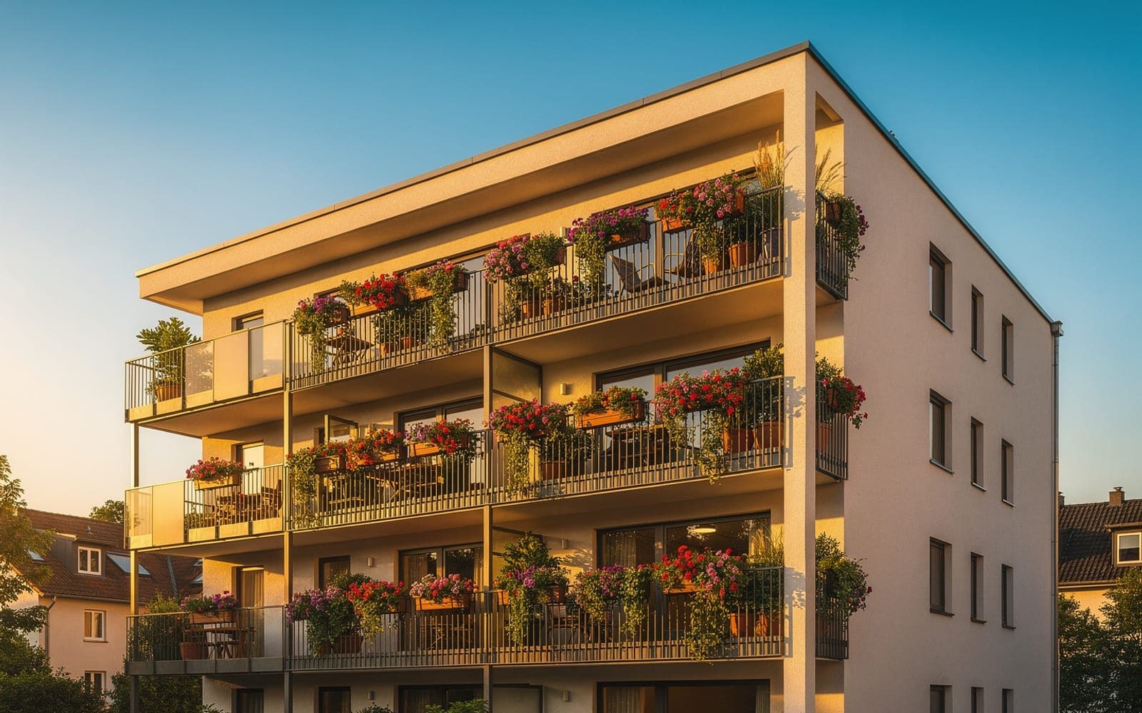 Wohnhaus mit Balkonen im warmen Abendlicht