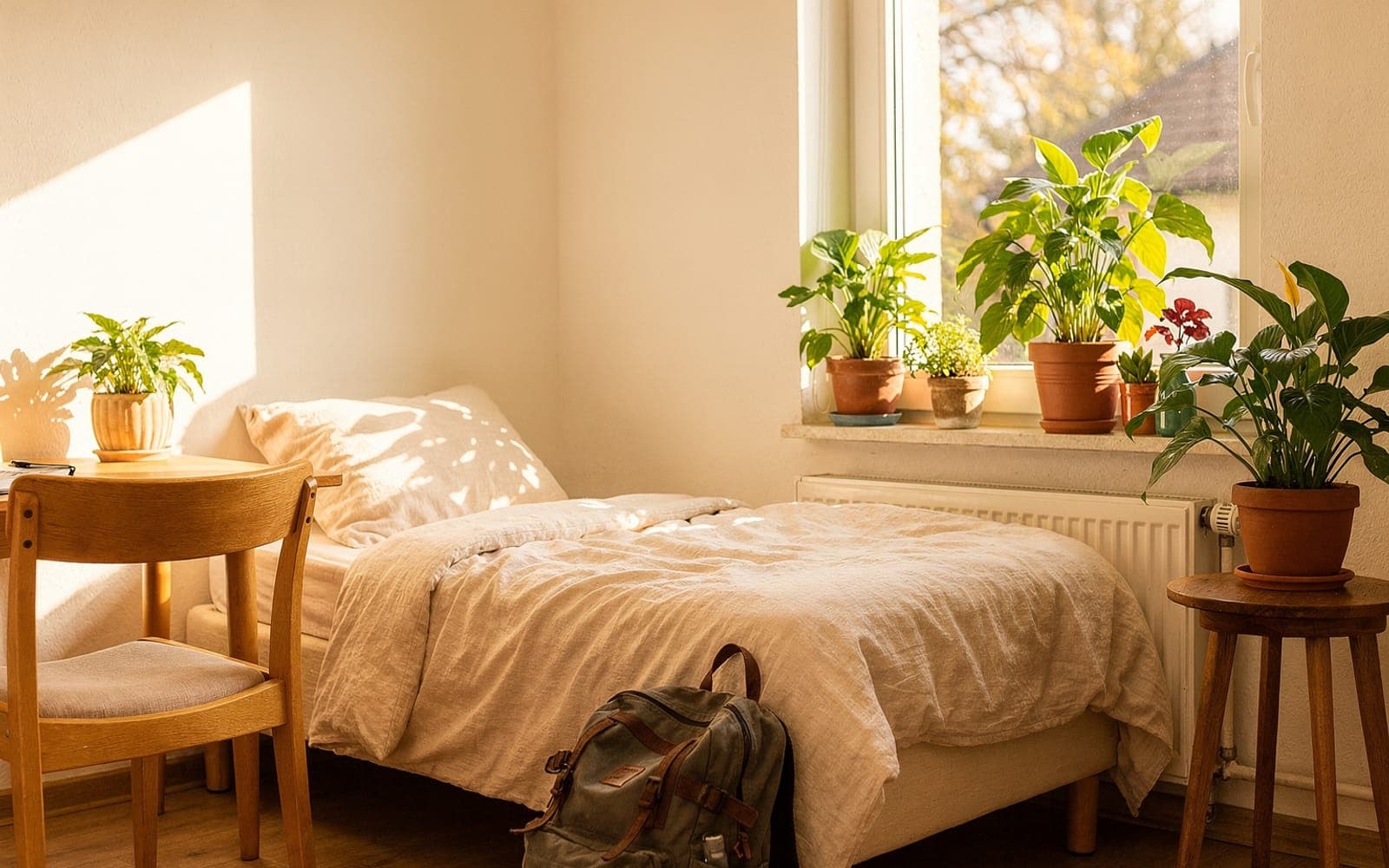 Helles möbliertes Zimmer mit Rucksack