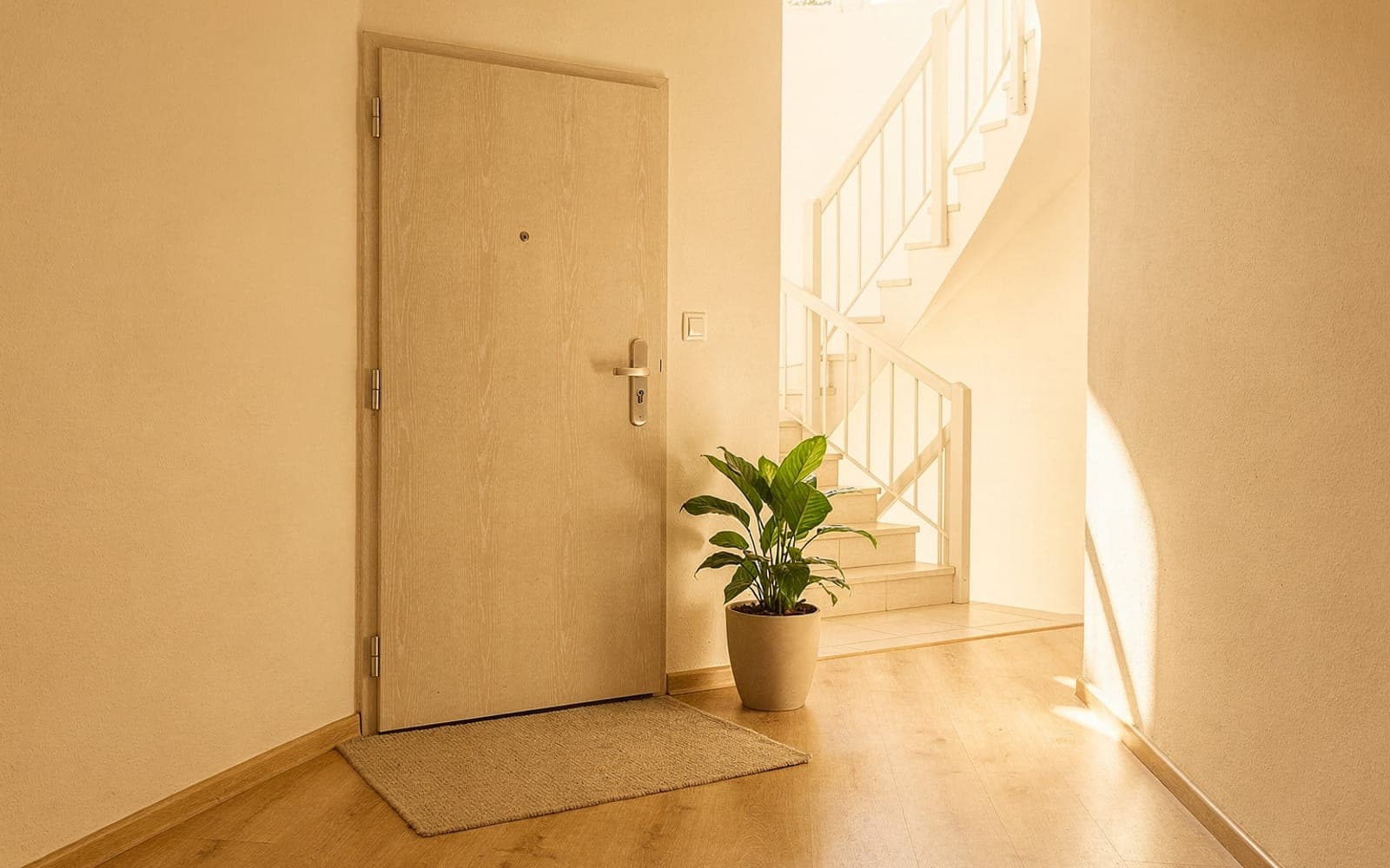 Helle Wohnungstür mit Fußmatte im Treppenhaus