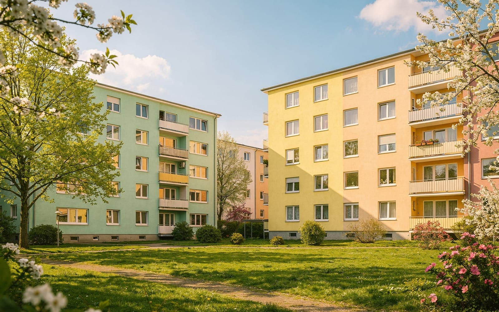 Sanierte Wohnblöcke mit Grünflächen im Frühling