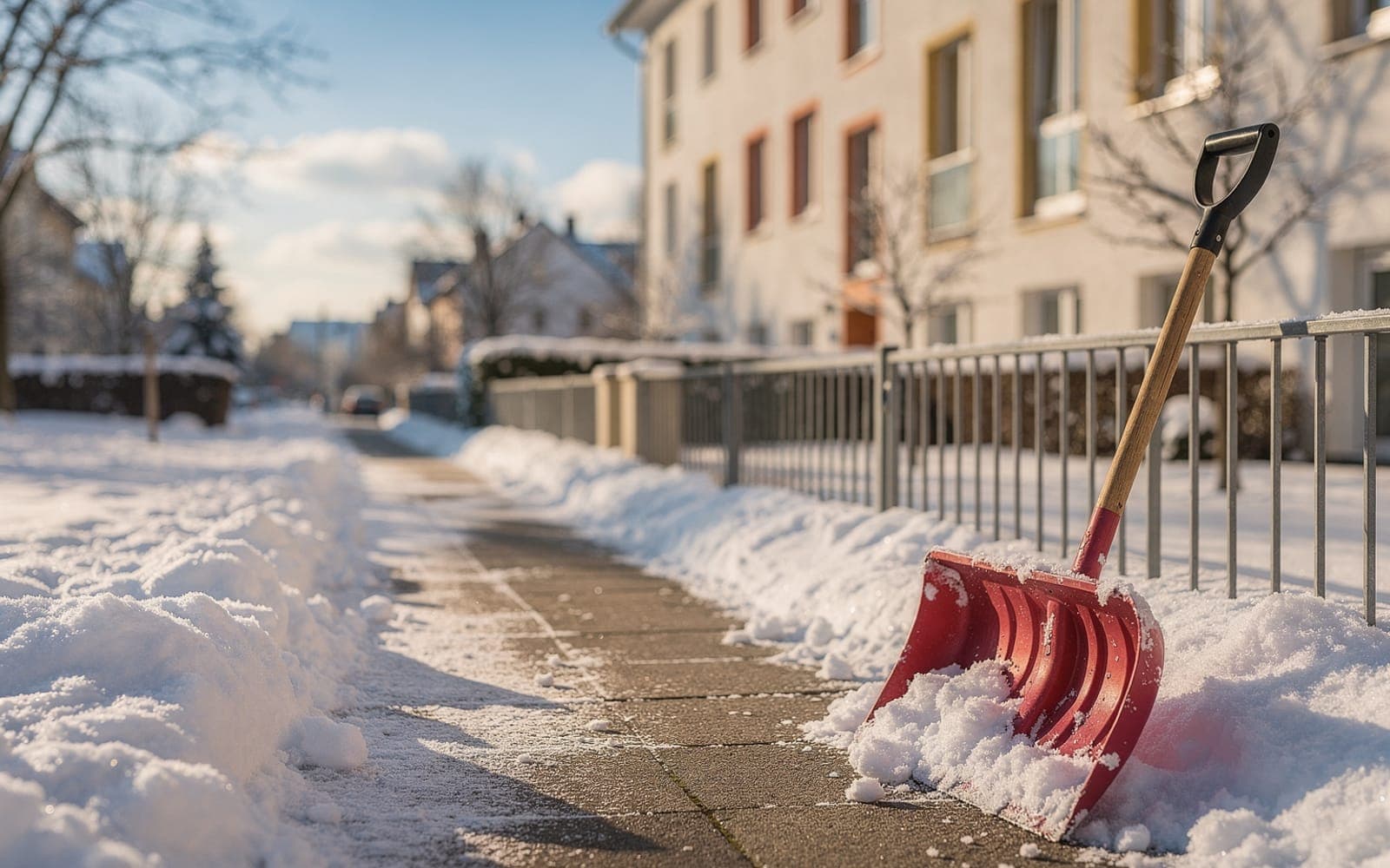 Geräumter Gehweg vor einem Wohnhaus an einem sonnigen Wintermorgen